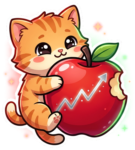 The $APPLECAT kitten hugging a bitten apple, peeking up from the bottom of the card