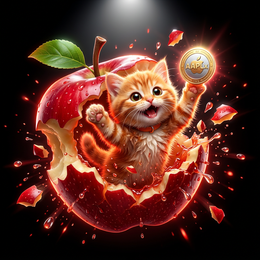A cute orange kitten bursting out of a bitten red apple, holding up a glowing gold AAPLx coin