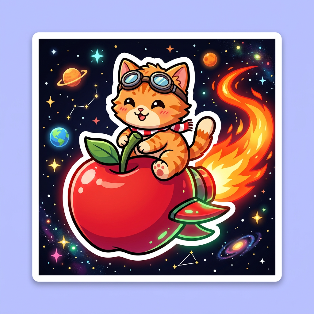 Kitten wearing goggles riding an apple rocket through space