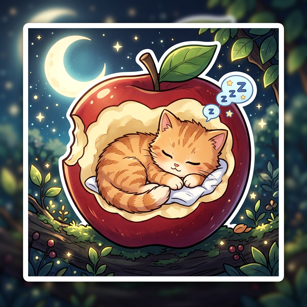 Kitten asleep inside a hollowed-out apple