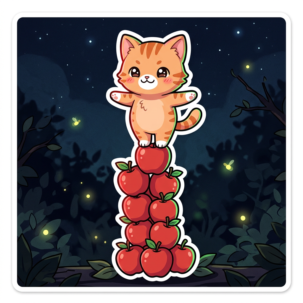 Kitten balancing on a tall tower of apples