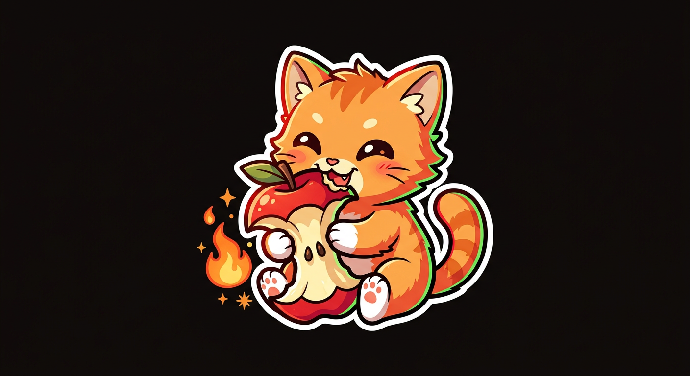 Kitten munching an apple down to its core