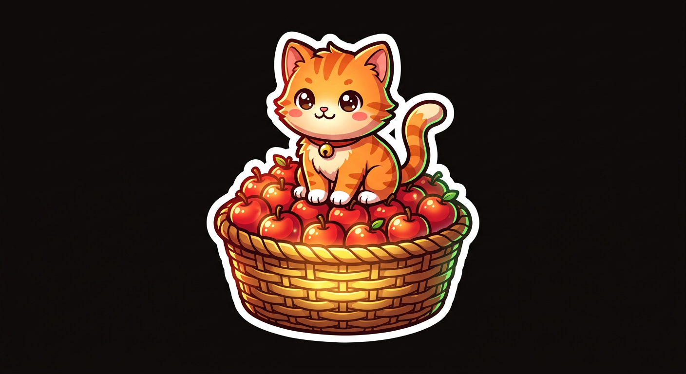 Kitten sitting on a basket overflowing with apples
